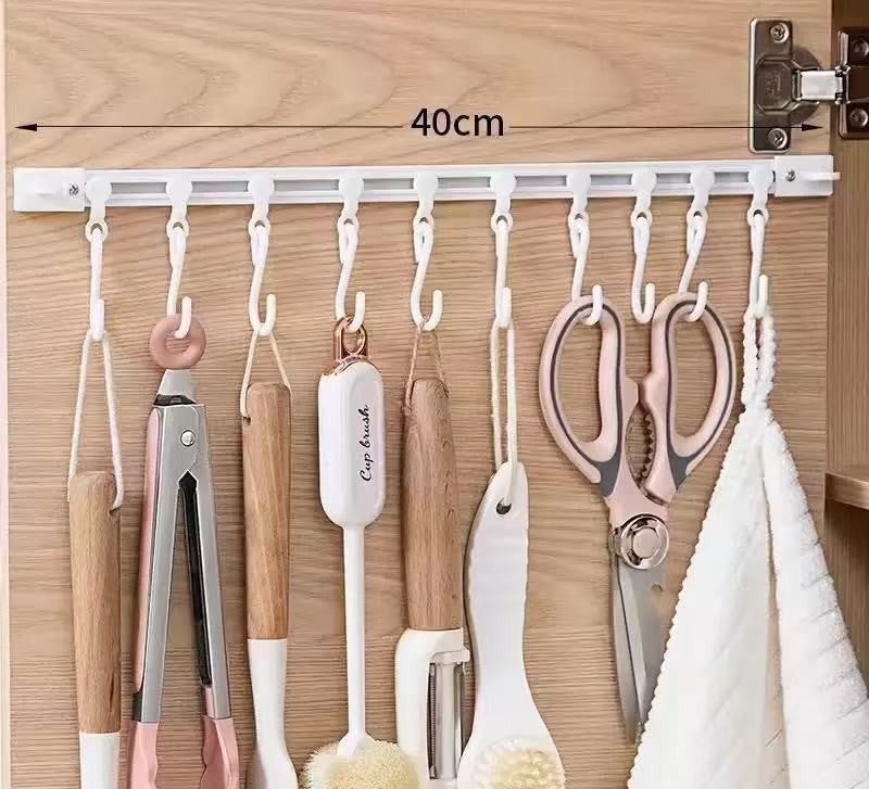🔥🔥No-Drill Sliding Rail Hook Organizer – 10 Adjustable Cabinet Hooks