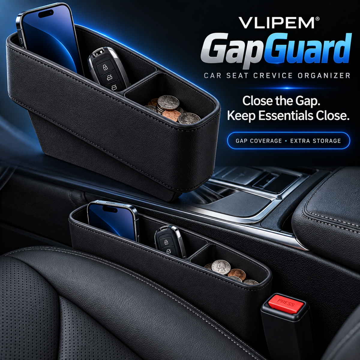 VLIPEM® GapGuard Car Seat Gap Organizer for Phone, Keys & Coins