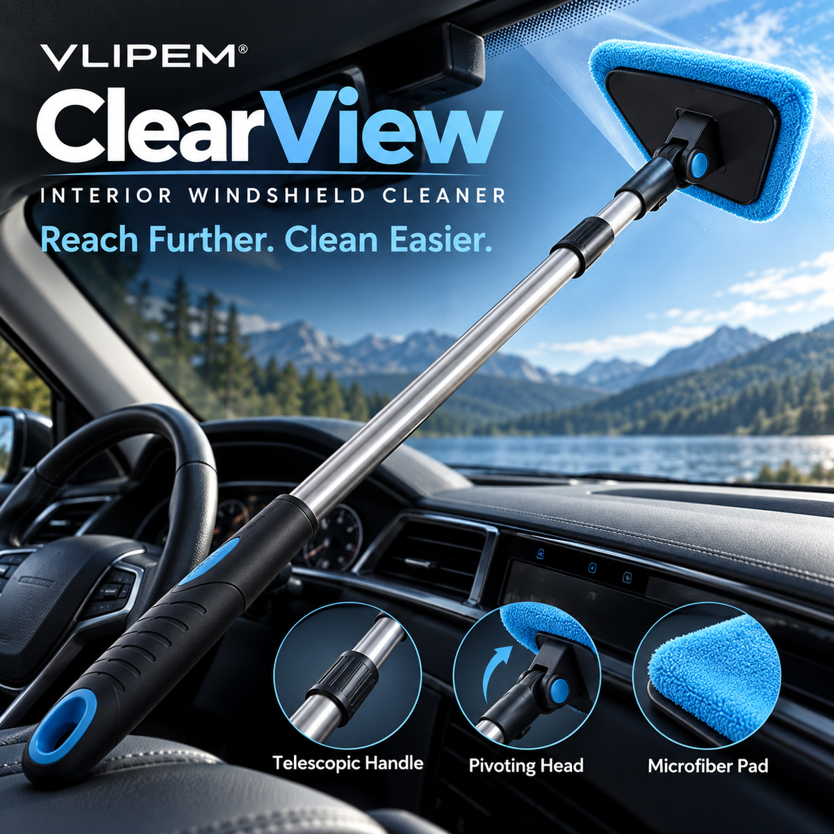 VLIPEM® ClearView Telescopic Interior Windshield Cleaning Tool