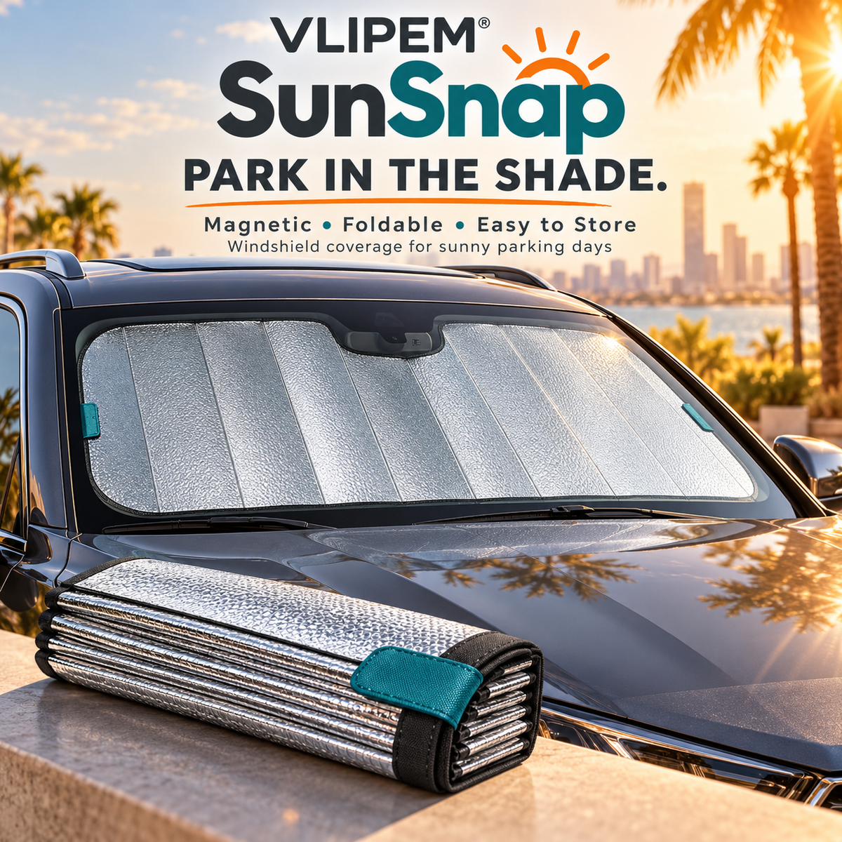 VLIPEM® SunSnap Foldable Magnetic Windshield Sun Shade for Cars