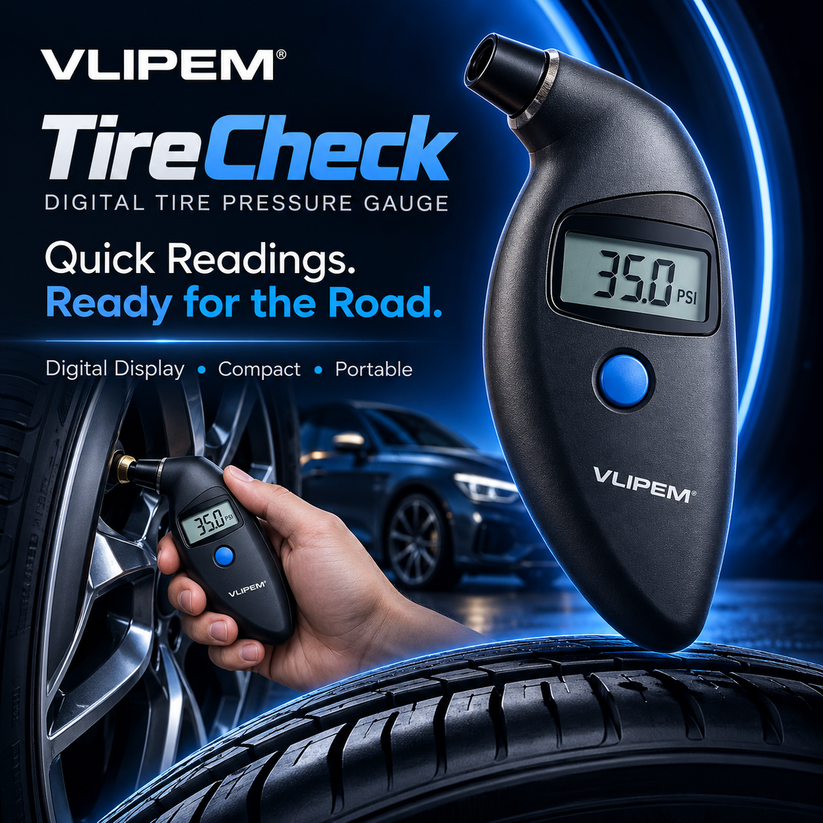VLIPEM® TireCheck Portable Digital Tire Pressure Gauge for Cars