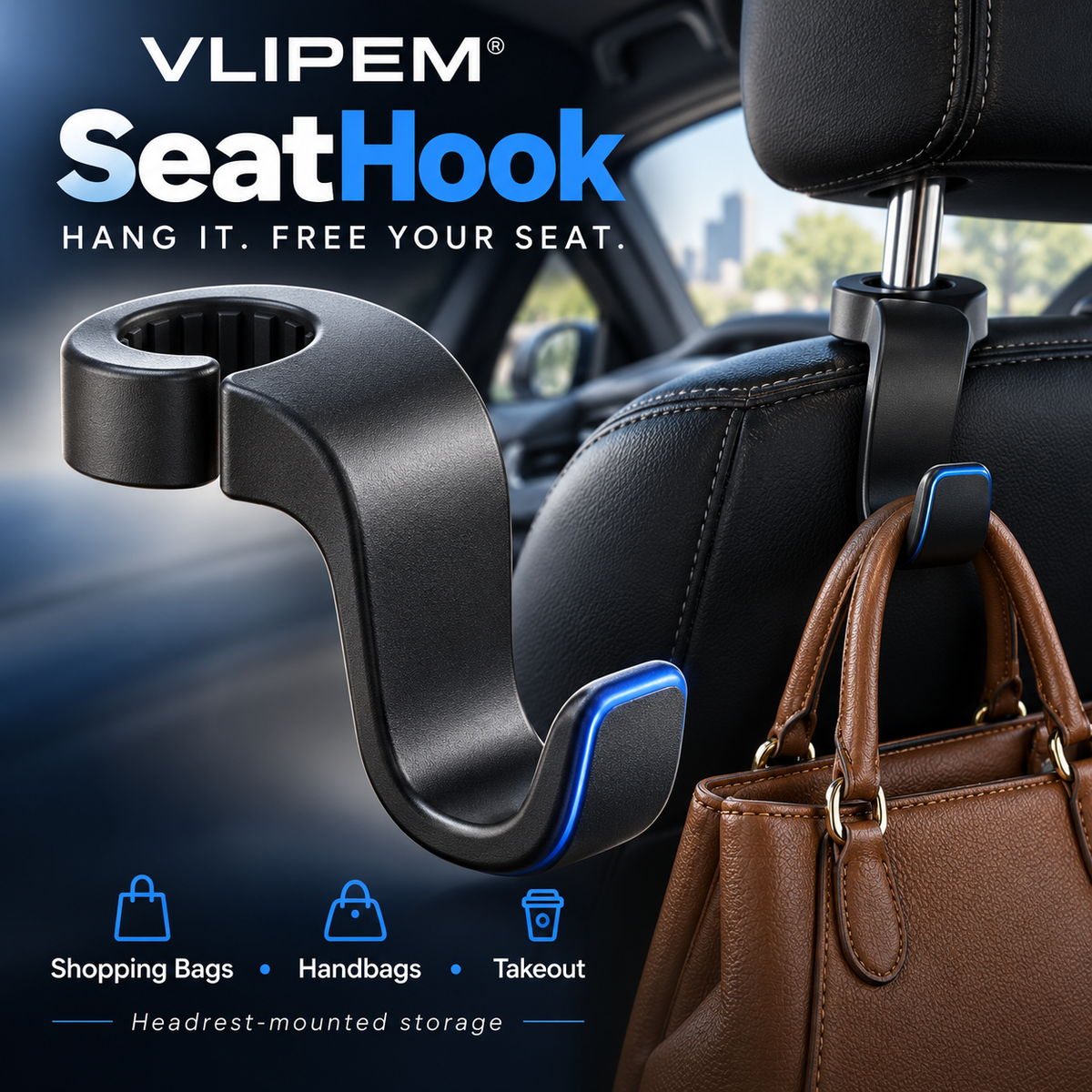 VLIPEM® SeatHook Car Headrest Hanger for Shopping Bags & Purses